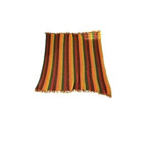 Vintage Handmade Crochet Blanket With Fall Colors & Fringe 65" x 59"